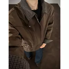 Brown Contrast Color Stitching Lapel Jacket Men's Autum High-End American Retro Short Harrington Work Jacket