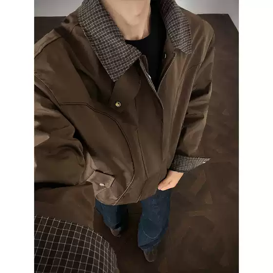 Brown Contrast Color Stitching Lapel Jacket Men's Autum High-End American Retro Short Harrington Work Jacket