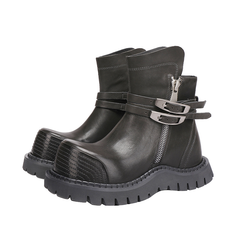 Boot nữ cổ thấp da bò thật gót thấp khóa kéo bên hông — màu xám