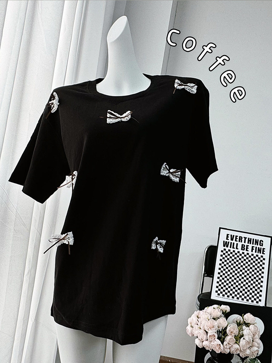 Womens Short Sleeve T Shirt Sweet Bow Design Loose Fit Round Neck Cotton Fabric Spring Summer Casual Wear