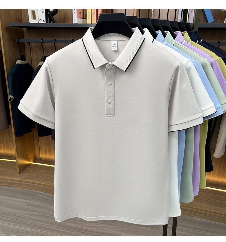 Áo polo nam Leishibert pha cotton lụa tơ tằm, tay ngắn co giãn thoáng mát mùa hè — Xanh biển, Xanh đậu nhạt, Vàng mạch nha, Đen bóng tối