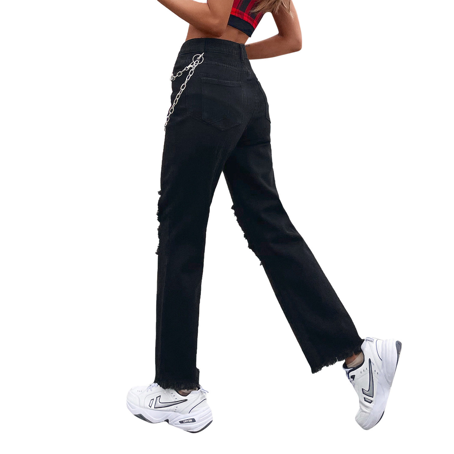 Womens Casual Ripped Denim Pants Trendy Chain Detail Stylish Fit Comfortable Fabric Perfect for Everyday Wear