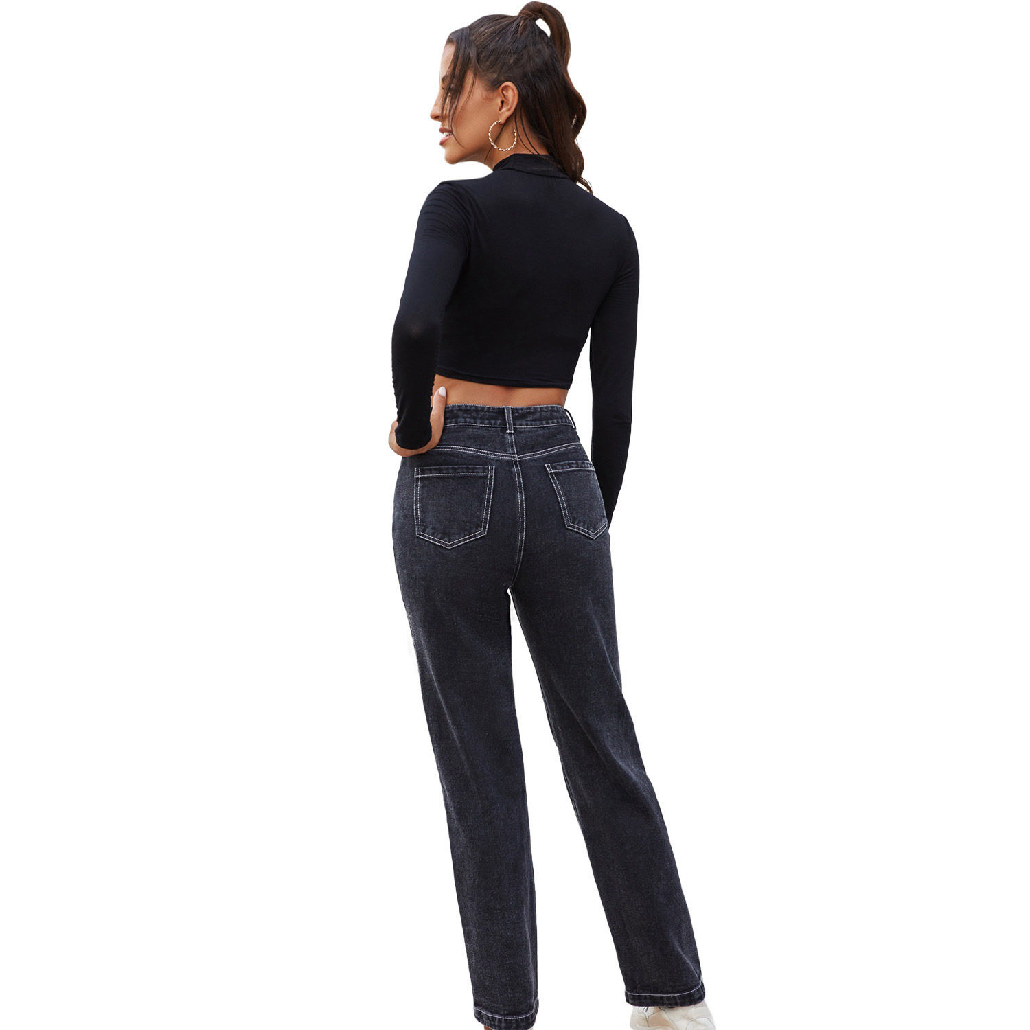 High Waisted Black Denim Straight Leg Pants Fashionable Trendy Comfortable Fall Winter Wear Wholesale Available