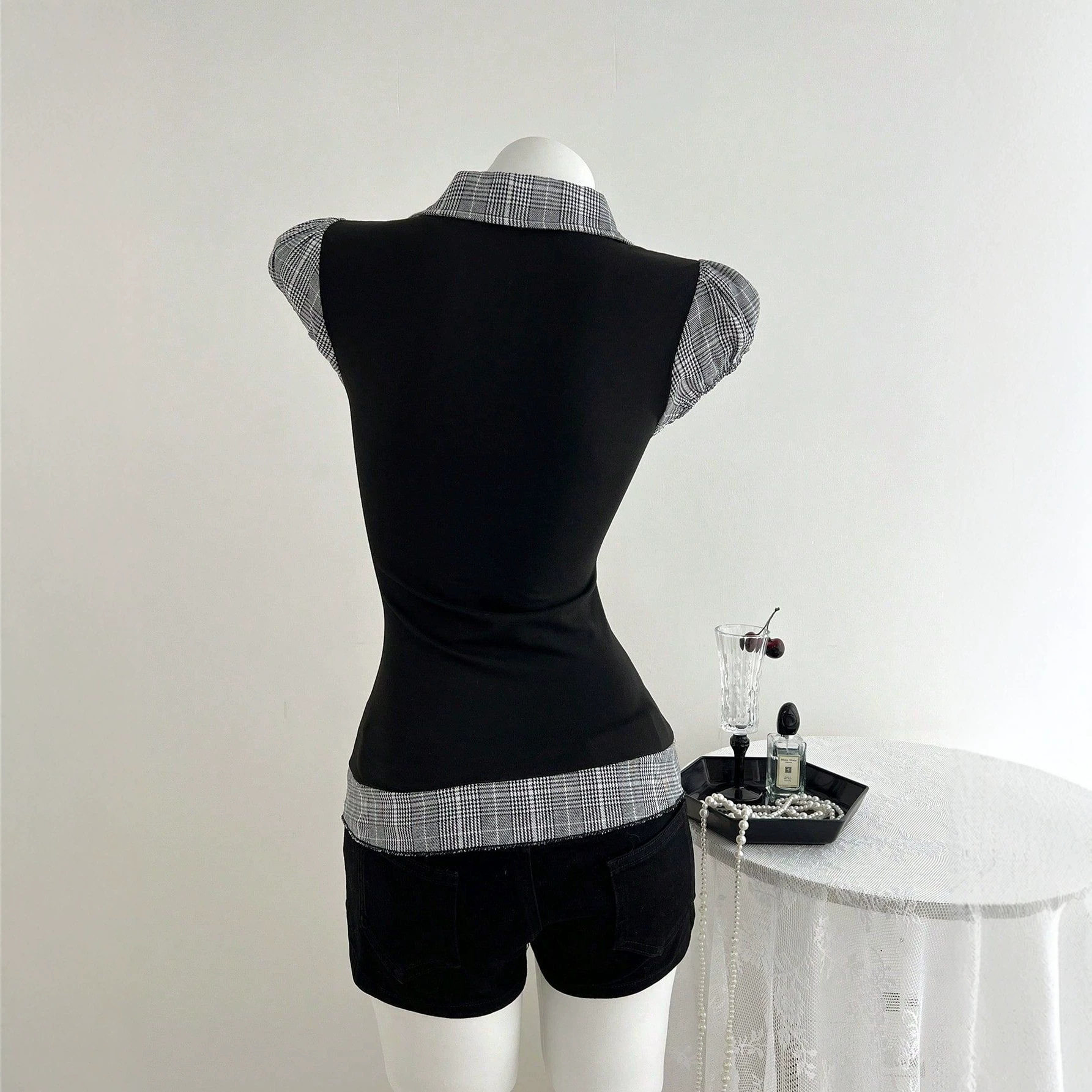 Color Block Plaid Short Sleeve T Shirt Slim Fit Waist Cinching Design Casual Style Ready to Ship Low MOQ