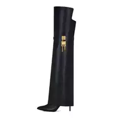 European and American Style Runway Booties for Women, Pointed Toe, High Tube, Metal Buckle, Skirt-Style, Thin High Heel, Over-The-Knee Long Boots, Fashion Boots