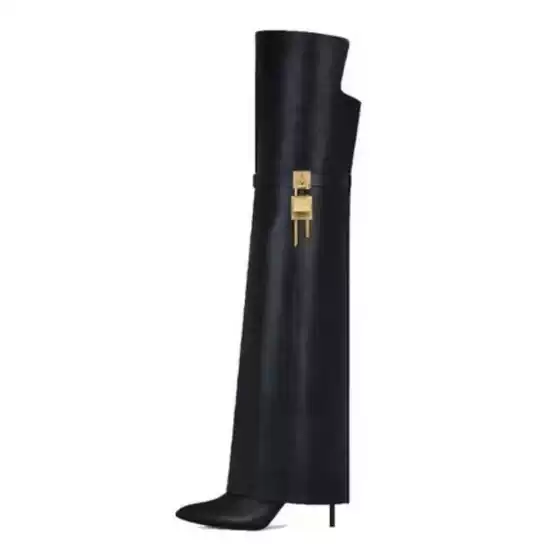 European and American Style Runway Booties for Women, Pointed Toe, High Tube, Metal Buckle, Skirt-Style, Thin High Heel, Over-The-Knee Long Boots, Fashion Boots