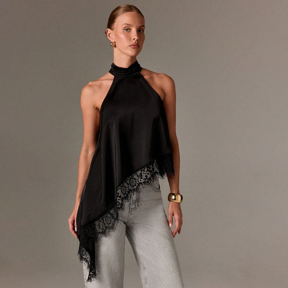 Summer Womens Satin Lace Panel Halter Neck Sleeveless Top Asymmetrical Design Small Stand Collar Elegant Style