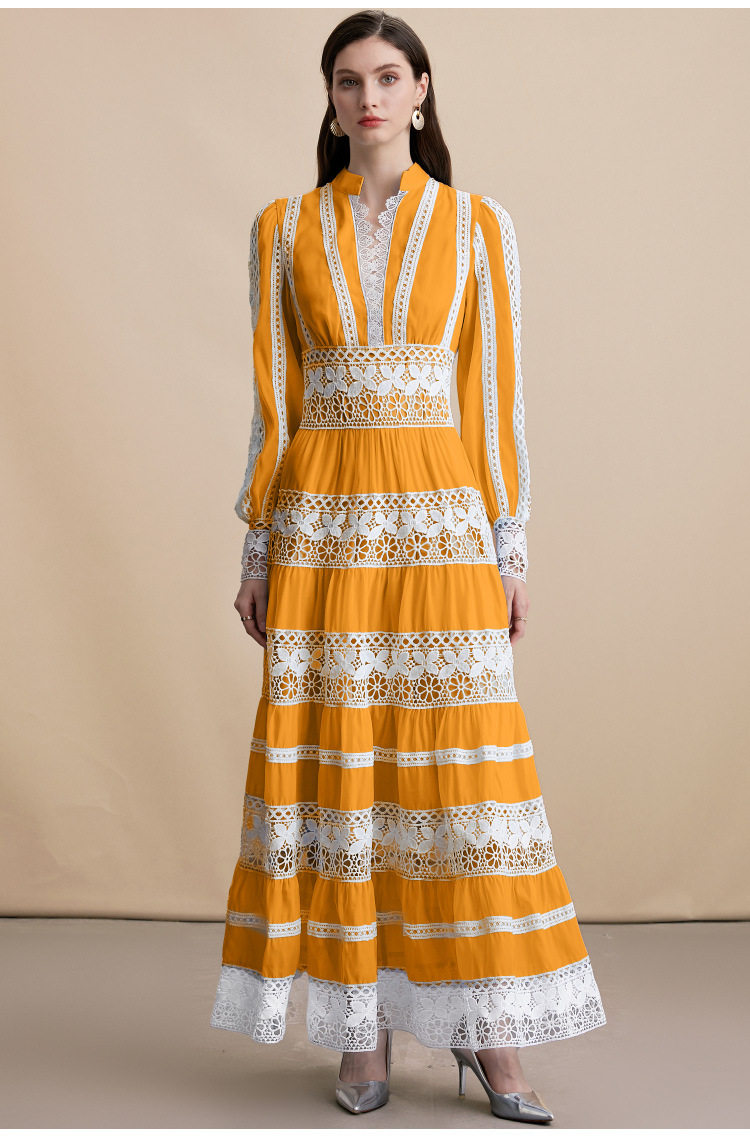 Elegant V Neck Lantern Sleeve Dress Stunning Lace Paneling Waist Defining Autumn Fashion Wholesale Available