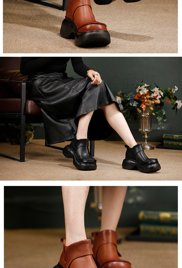 Boot nữ cổ ngắn da bò thật đế dày tăng chiều cao — màu đen, Màu nâu