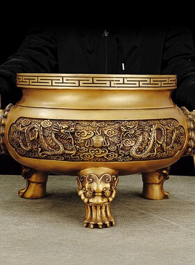 黄铜香炉家用室内供佛插香家用寺庙香炉供奉双龙招财铜鼎佛具用品