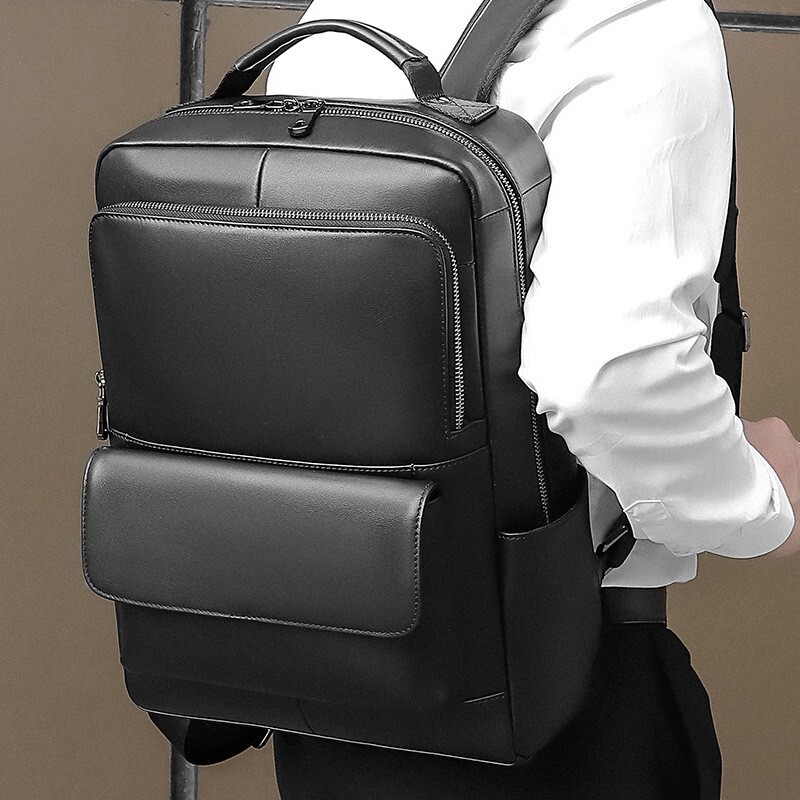 Ba lô da thật nam J.M.D Jiamida chống nước 14 inch đi làm công tác — Màu đen