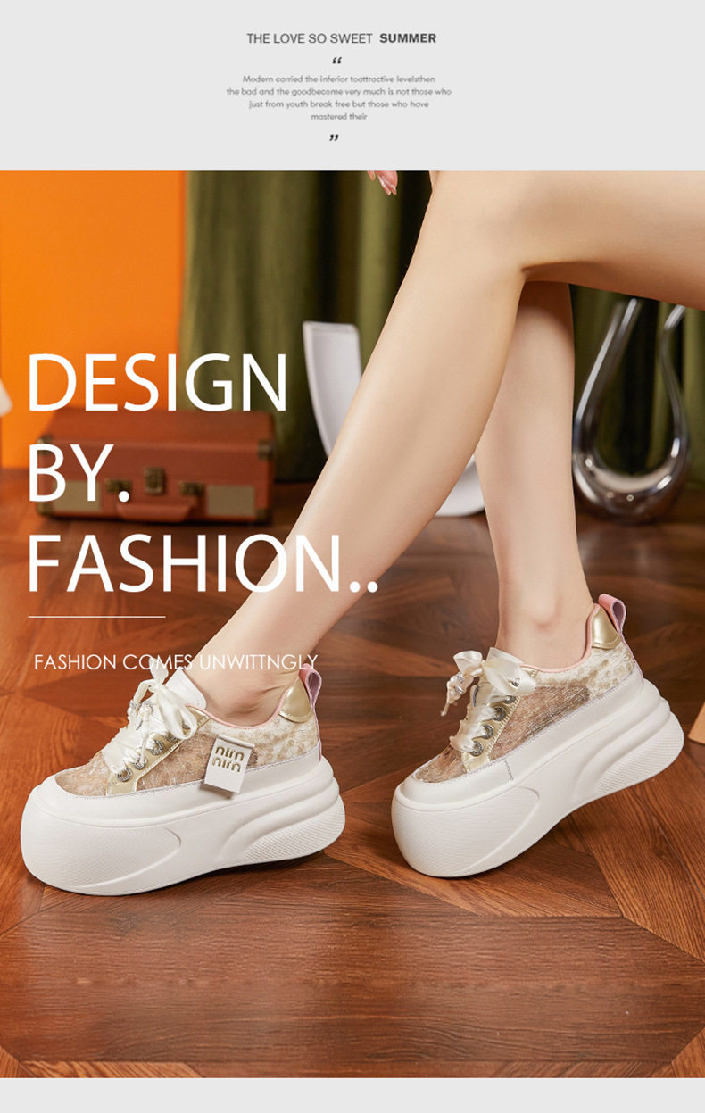 Giày sneaker nữ chunky đế dày trắng platform hở lưng — Hồng vàng, Trắng chi tiết 9