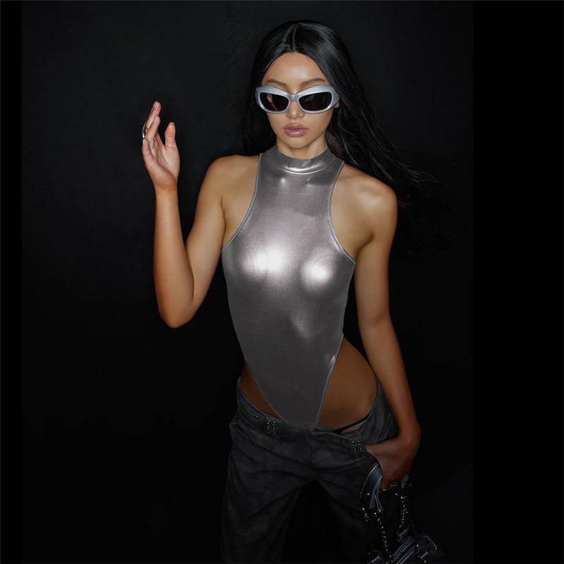 Womens Reflective Sleeveless Bodysuit Trendy Bright Colors Stand Up Collar Bodycon Fit Nightclub Fashion Wholesale