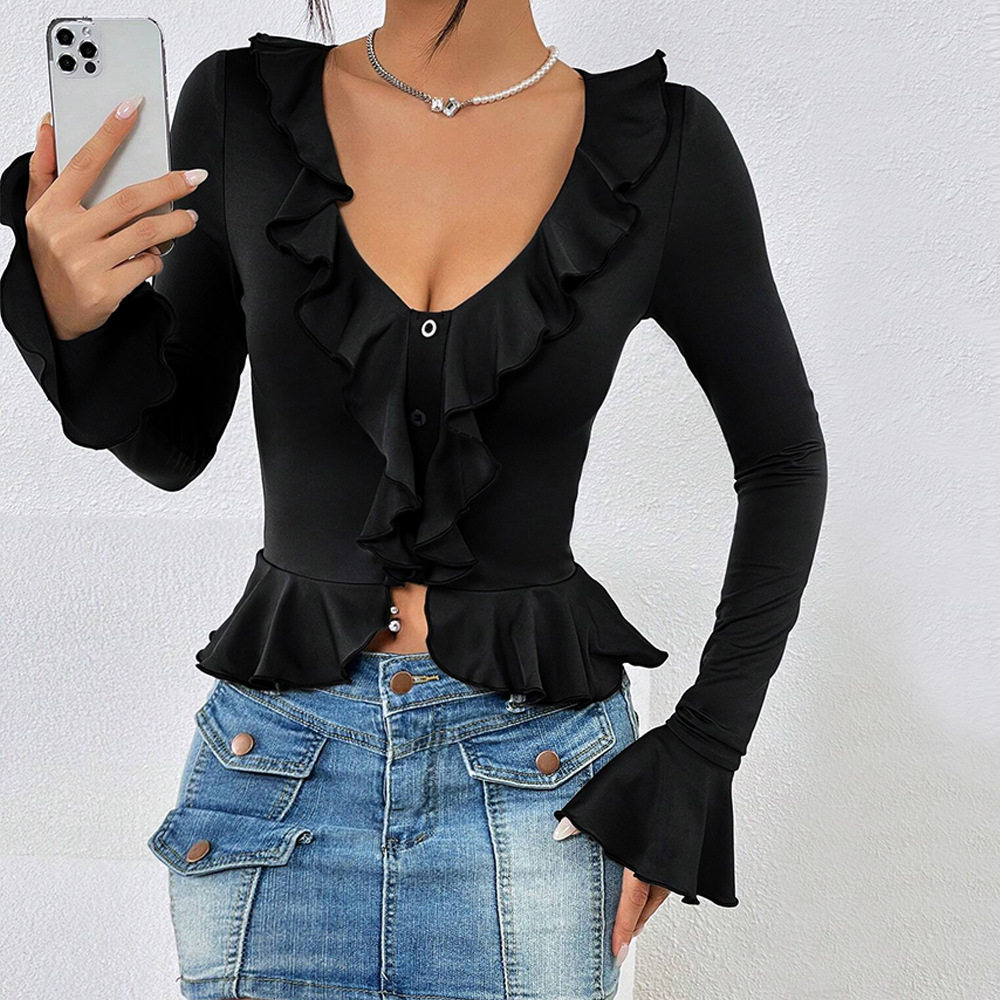 Womens Y2K Ruffled Crop Top Slim Fit Long Sleeve Trendy Design Spring Summer Fashion Wholesale Available
