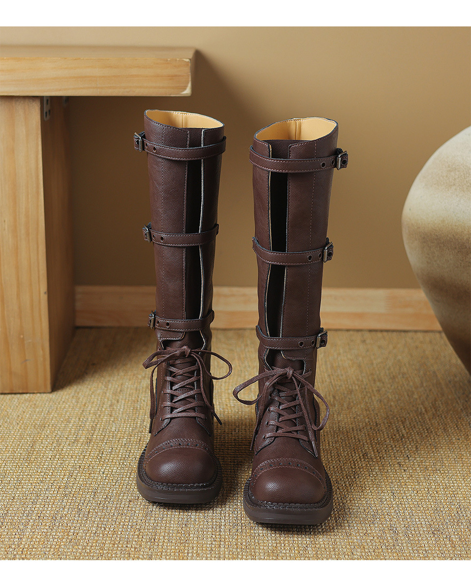 Boot nữ cổ cao da bò buộc dây khóa thắt lưng gót thô — Màu đen lót một lớp, Màu đen lót nhung, Màu nâu lót một lớp, Màu nâu lót nhung