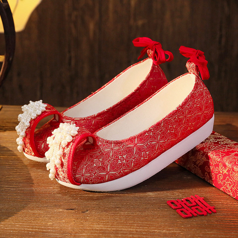 [Red Fu] Pearl Flower ancient style climbing cloud toe shoes Hanfu shoes spring and summer autumn single-layer shoes Chinese bridal wedding shoes