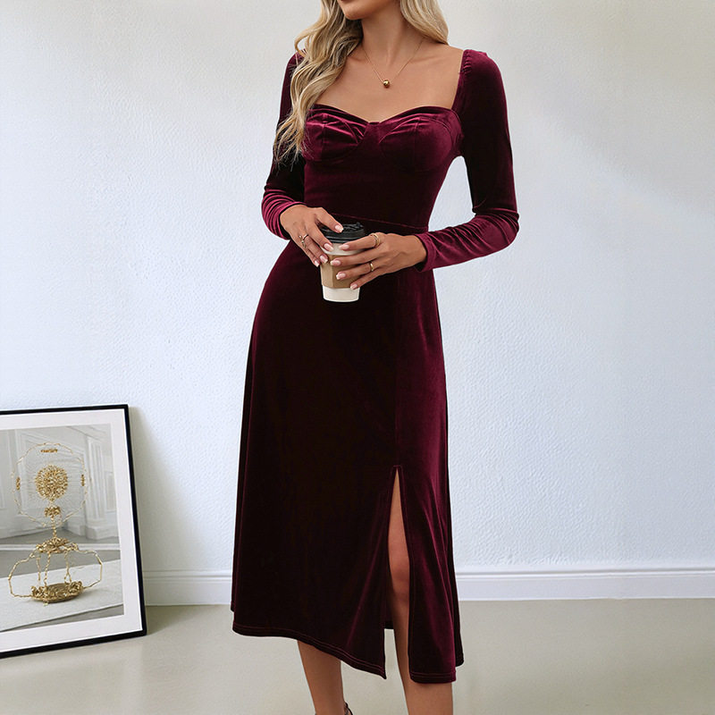 Vintage Style Velvet Evening Dress Solid Color Square Neck High Slit Perfect for Dates and Special Occasions