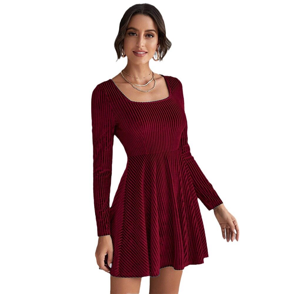 Womens Velvet Long Sleeve Dress Waist Defining Flared Hem Elegant Style Perfect for Parties and Events Wholesale