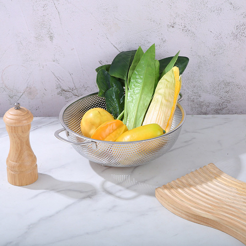 Double-ear draining basket stainless steel rice washing basin kitchen household fruit and vegetable storage basket round vegetable washing basin rice washing sieve