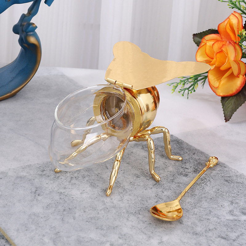 Golden Large Bee Sugar Cup Household European-Style High-End Kitchen Seasoning Box Storage Jar with Spoon Accessible Luxury Home Furnishings