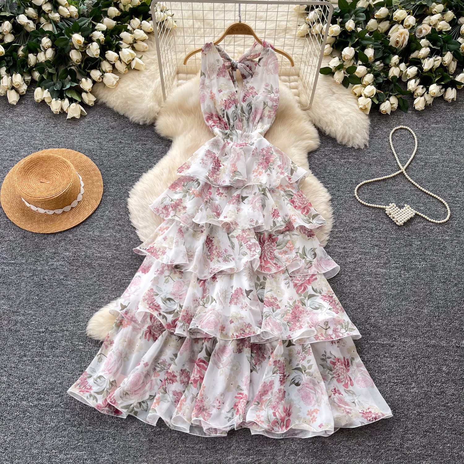 Floral Print V Neck Halter Dress Sleeveless Ruffle Hem Slim Fit Summer Casual Wear for Women Wholesale Available