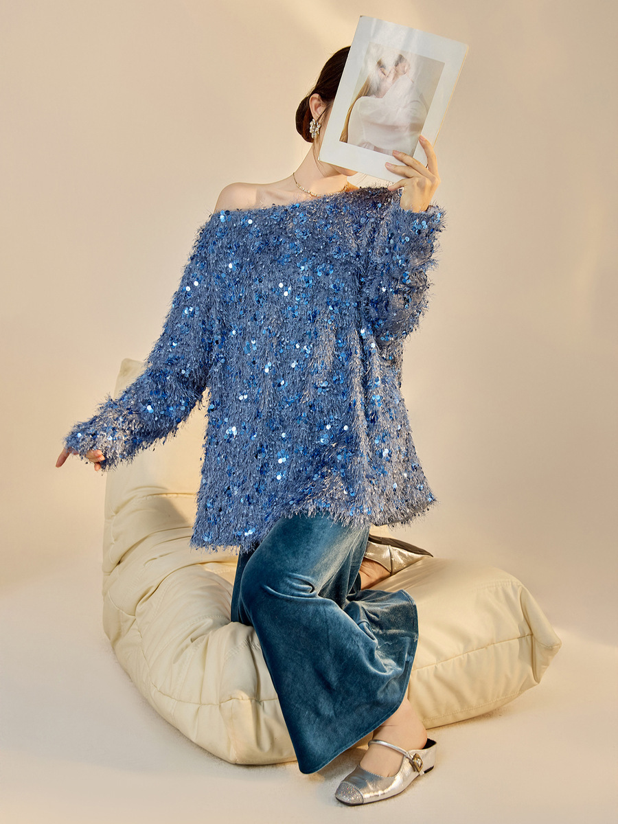 Set áo len dài tay cổ V đính sequin kèm chân váy nhung dài vừa — Váy màu lục lam (giao hàng trong 7 ngày), Váy màu lục lam (phát hành cùng ngày), Áo sequin (giao hàng trong 7 ngày), Áo sequin (giao hàng trong ngày)