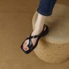French Retro Brown Thong Sandals for Women, Flat 2024 Roman Style Single Strap Beach Thin Strap Low Heel Black Square Toe