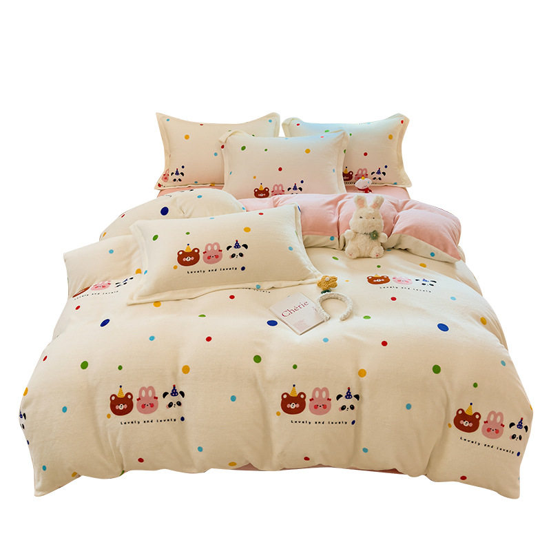 Class a Maternal and Infant-Grade Milk Velvet Four-Piece Set, Fresh and Simple Winter Thickened Bed Sheet, Fitted Sheet Style Three-Piece Set, Bed Sheet and Duvet Cover~