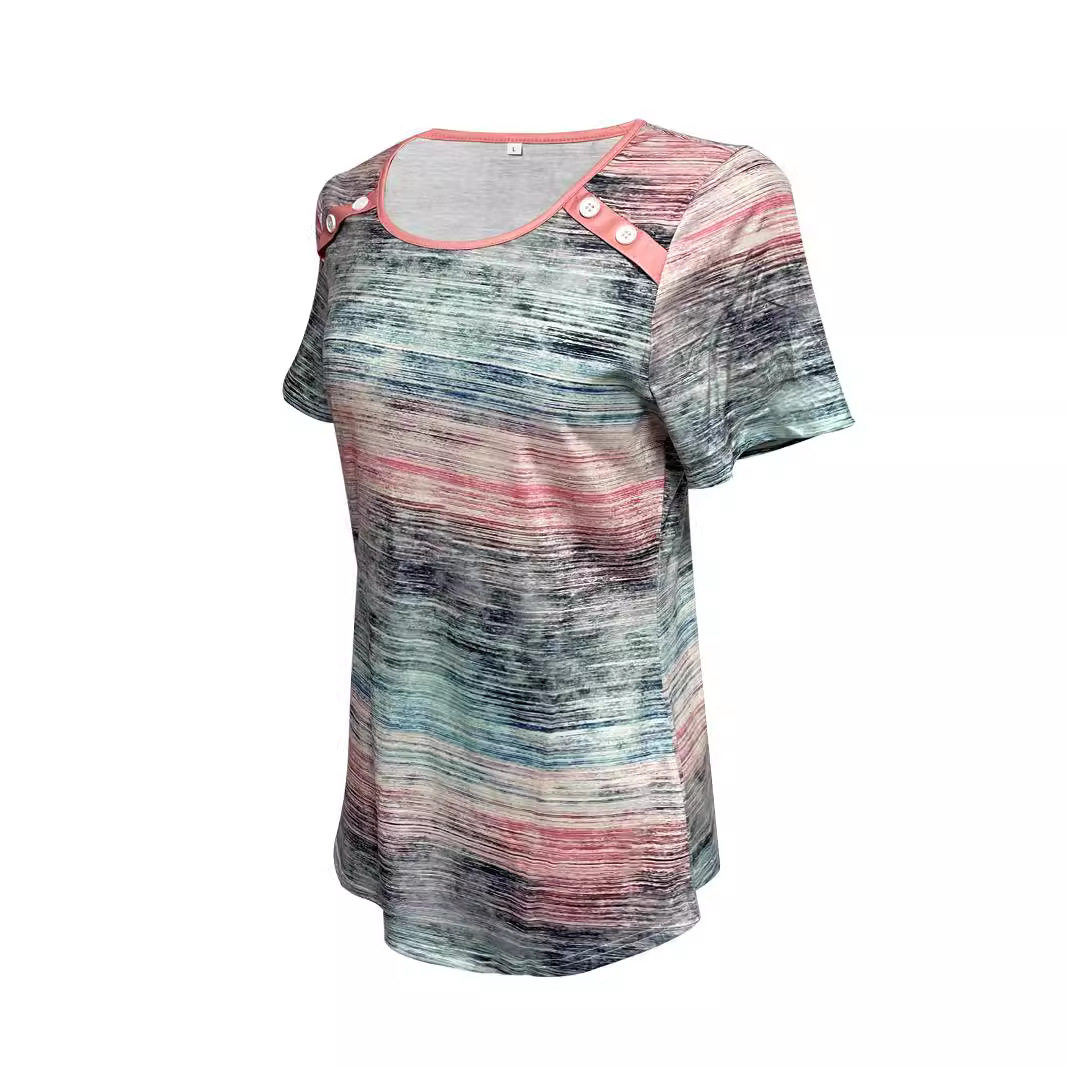 Summer Womens Color Block Floral Print Short Sleeve T Shirt Slim Fit Round Neck Casual Style Wholesale Available