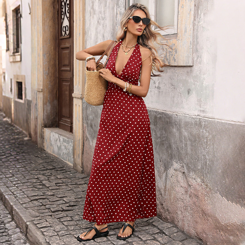 Vintage Polka Dot Maxi Dress Halter Neck V Neck Sleeveless Retro Style Perfect for Summer Vacations Wholesale