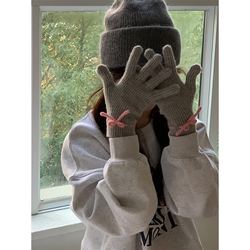 South Korea Ins Cute Wool Knitted Wool Five-Finger Gloves Women's Winter Warm Touchscreen Finger Cycling Trendy