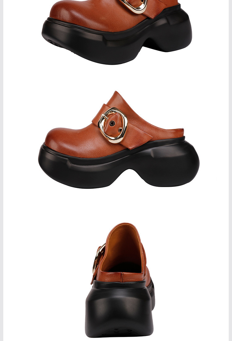 Sandal nữ quai ngang bít mũi đế dày da bò thật phong cách cổ điển — màu đen, Màu nâu