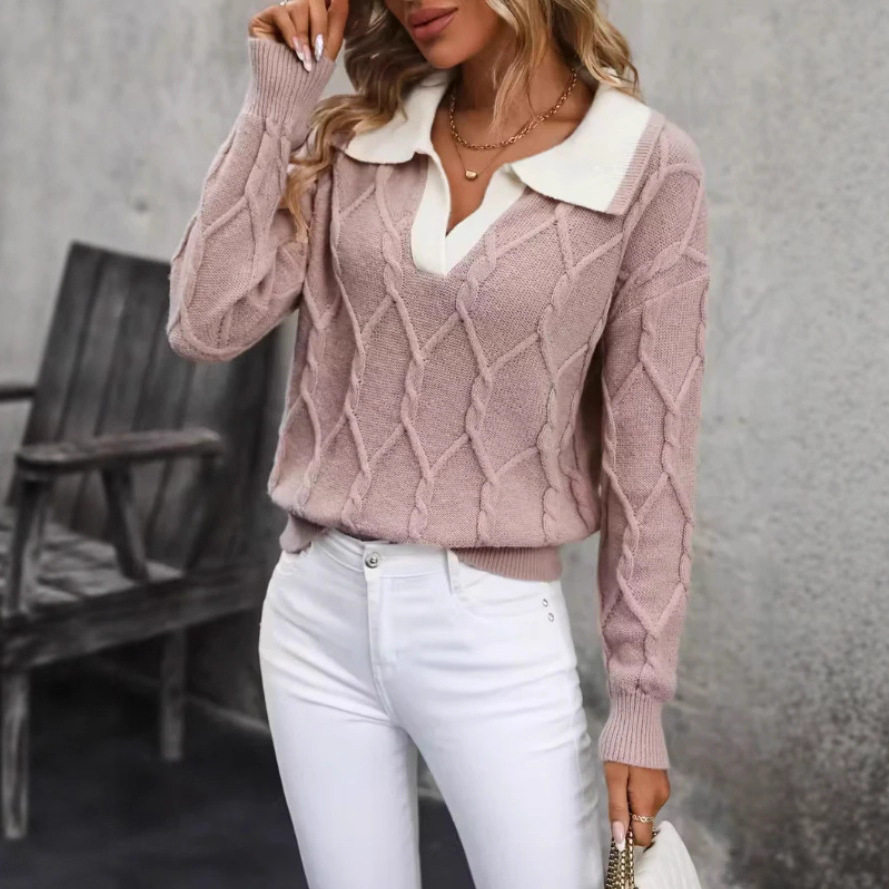 Elegant Womens Color Block Knit Sweater Long Sleeve Lapel Collar Autumn Winter Style Wholesale Available