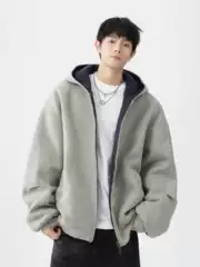 Heavyweight American Style Double-Zip Hooded Sweatshirt for Men, Fall & Winter Edgy Casual Coat with Contrast Color,Thick Unisex Cardigan