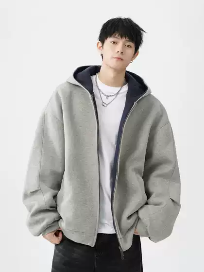 Heavyweight American Style Double-Zip Hooded Sweatshirt for Men, Fall & Winter Edgy Casual Coat with Contrast Color,Thick Unisex Cardigan