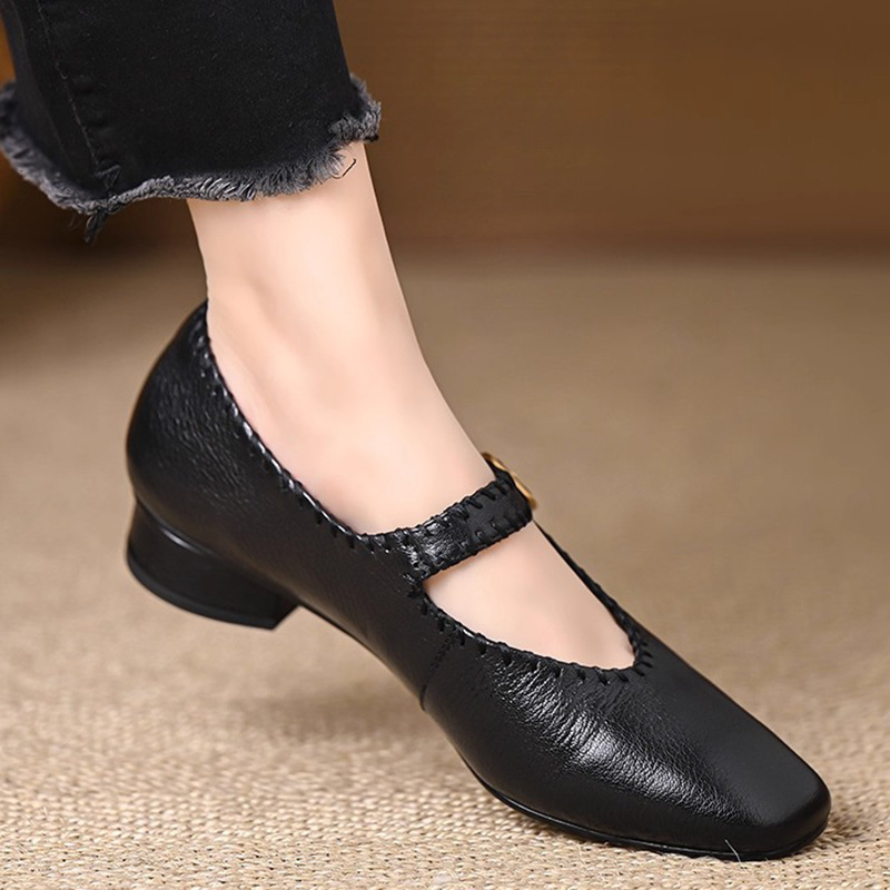 Giày Mary Jane nữ gót thô 3cm mũi tròn phong cách cổ điển mềm êm — màu đen, nâu