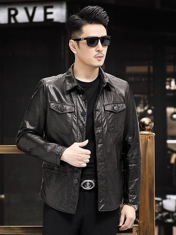 Áo khoác da bò thật dáng jacket biker nam cổ ve áo, nhiều túi khóa kéo — đen