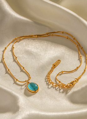 欧美ins风跨境18K镀金不锈钢蓝色猫眼项链不掉色小众设计百搭饰品