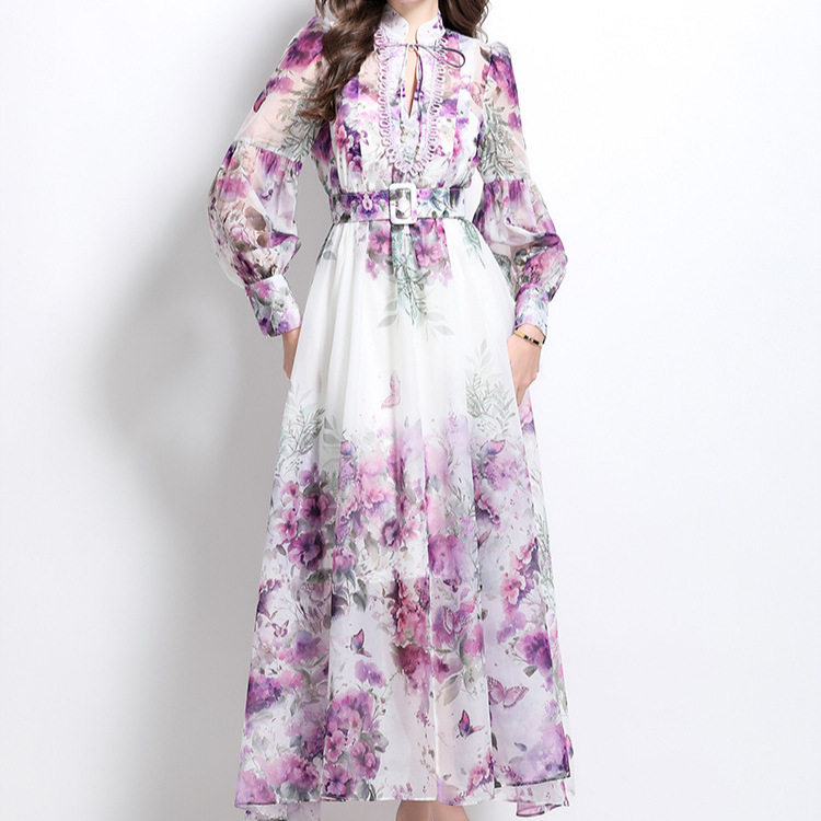 Elegant Floral Maxi Dress High Waist Lantern Sleeves Spring Collection Perfect for Formal Occasions Wholesale