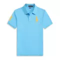 Three button polo lake blue rhubarb label