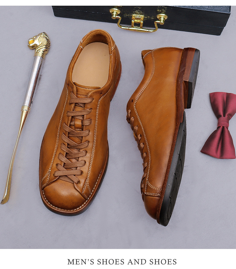 Giày da nam cổ thấp buộc dây dài kiểu boxer cổ điển, mũi tròn, đế khâu Goodyear — màu đen, Màu caramel