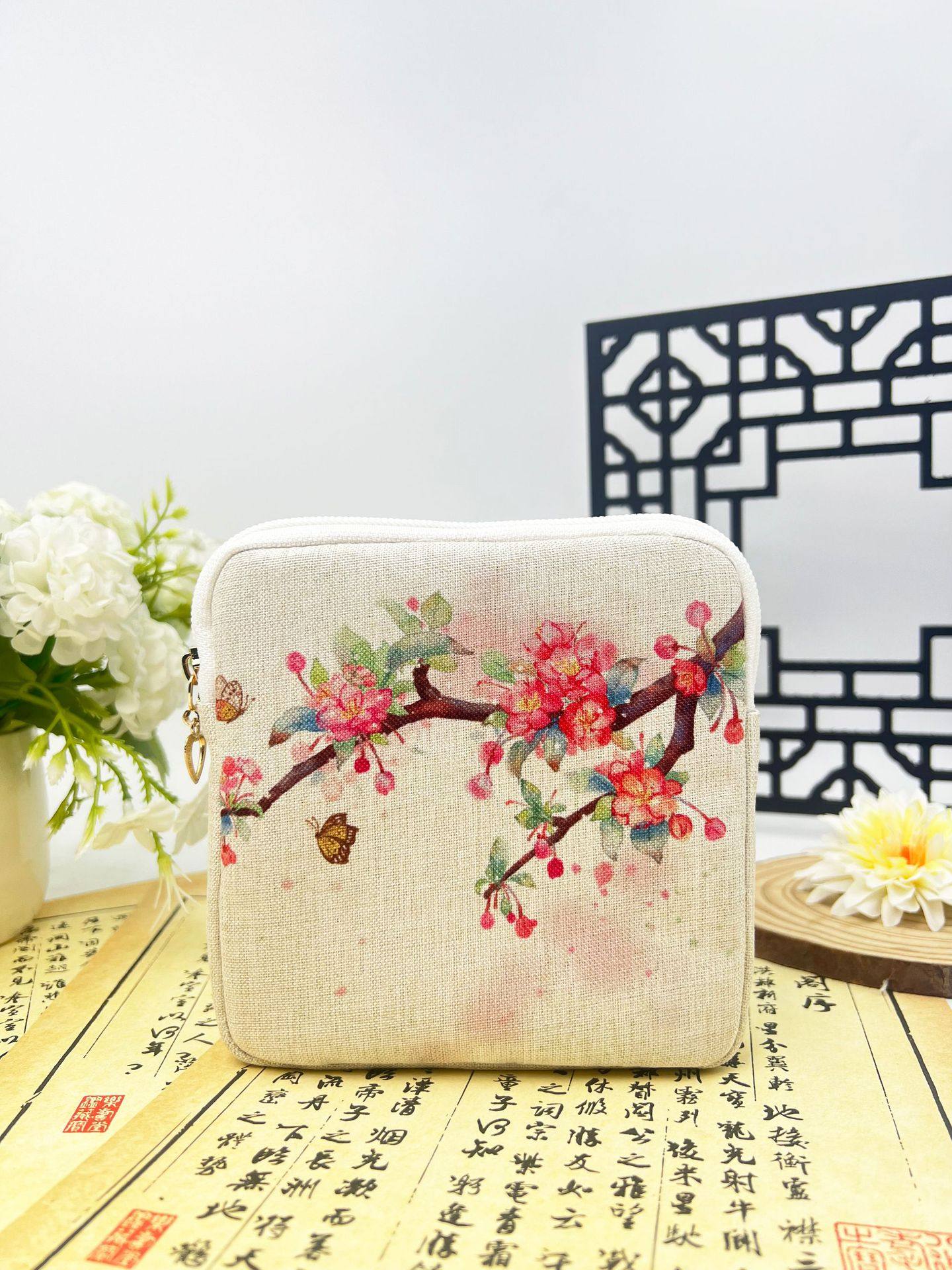 Portable Large-Capacity Napkin Cosmetics Bag for College Students, Chinese Style Cosmetic Bag, Digital Printed Cotton and Linen Card Holder, Coin Purse