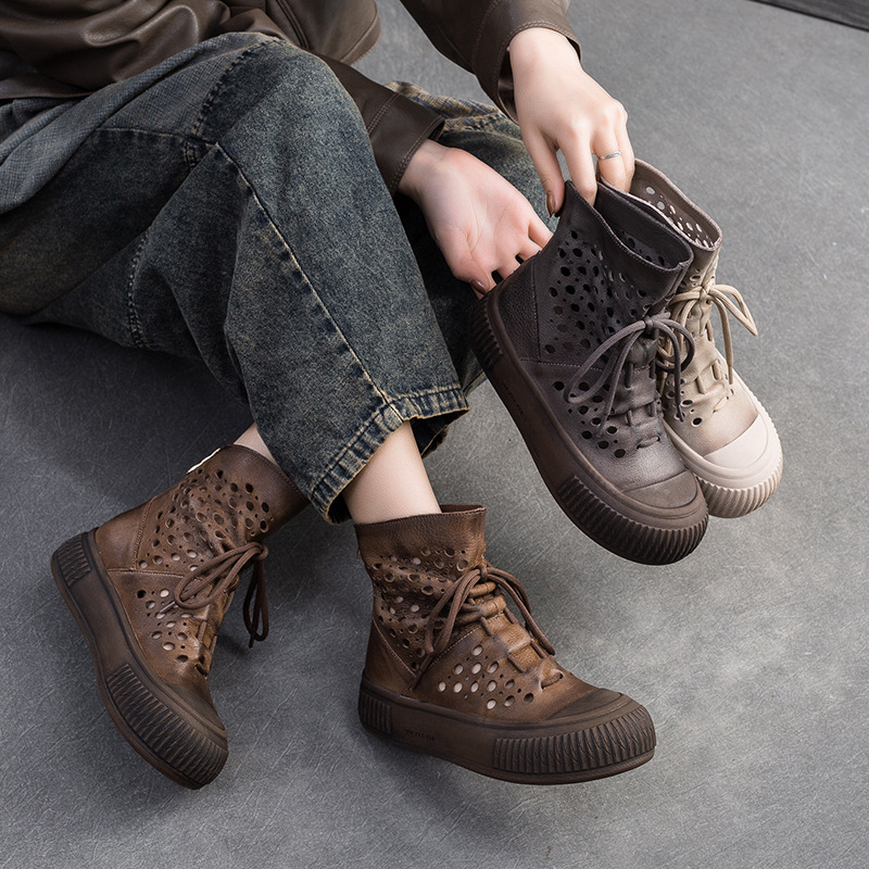 Boot Cổ Thấp Nữ Chất Liệu Da Bò Thoáng Khí Đế Cao Hàng Mùa Hè