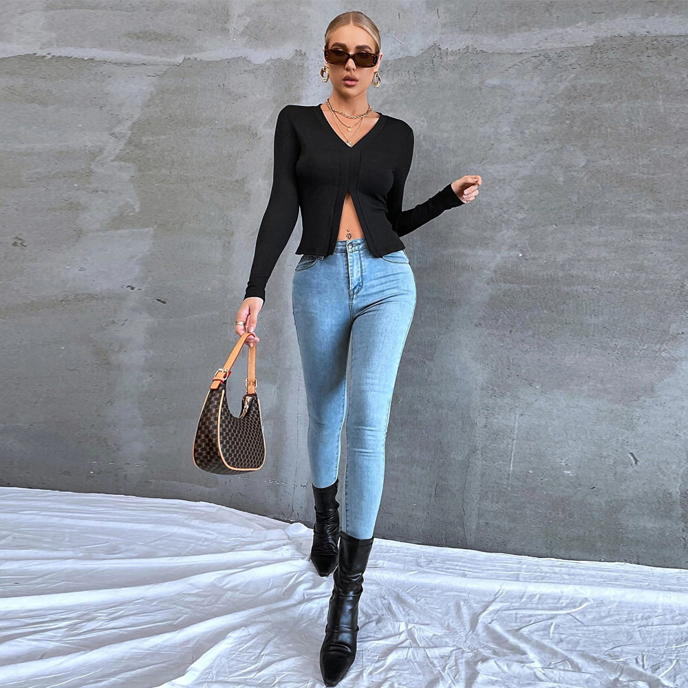 Womens Long Sleeve Cropped T Shirt Slim Fit Split Hem Elegant Style Perfect for Spring Summer Office Wear