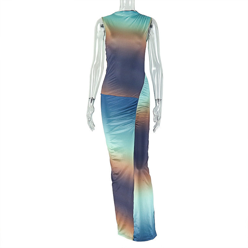 Color Block Ruched Maxi Dress Stylish Sexy Versatile Perfect for Streetwear or Casual Occasions Wholesale Available