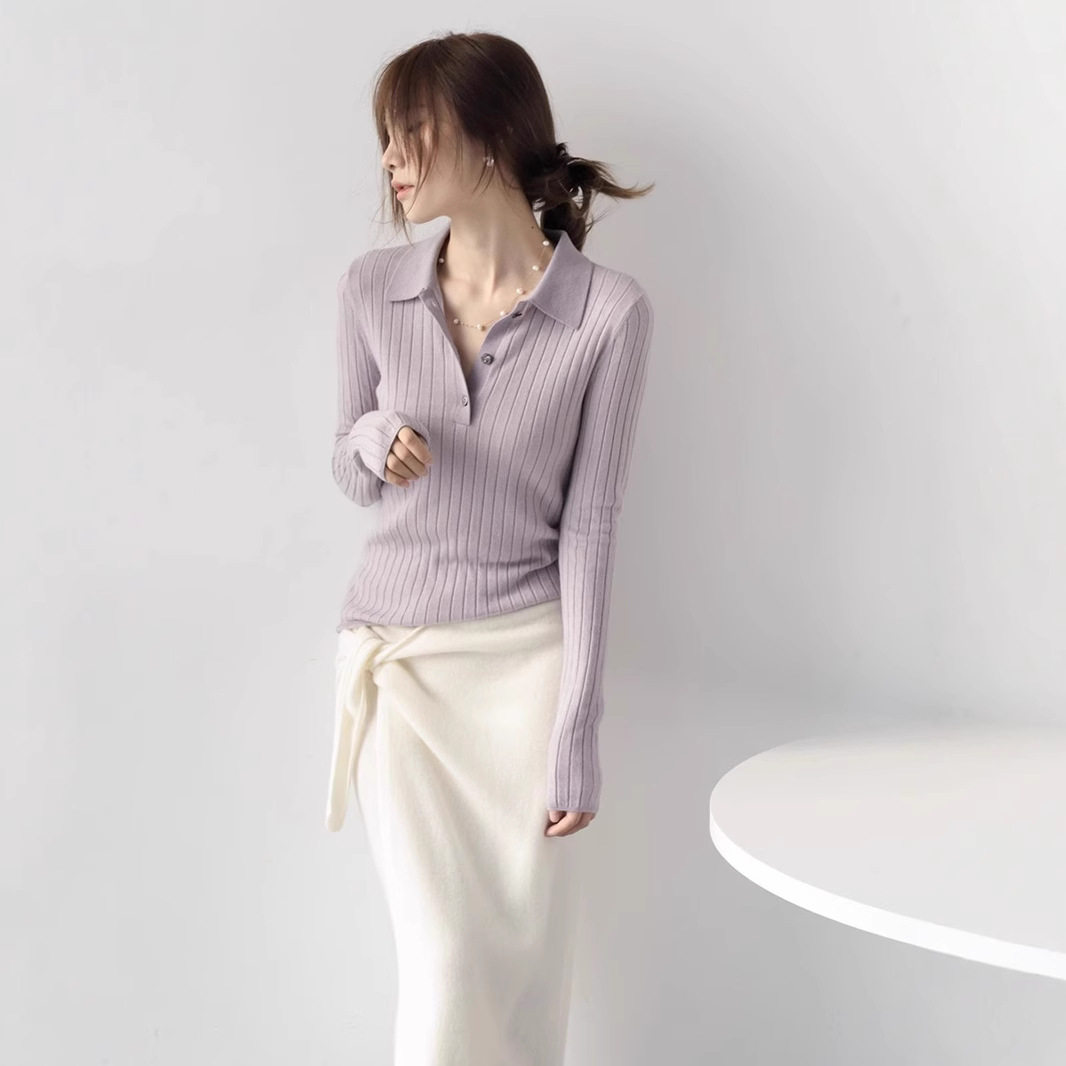 MZOXMO气质polo领优雅大方澳洲美丽诺羊毛竖条纹针织衫女春秋毛衣