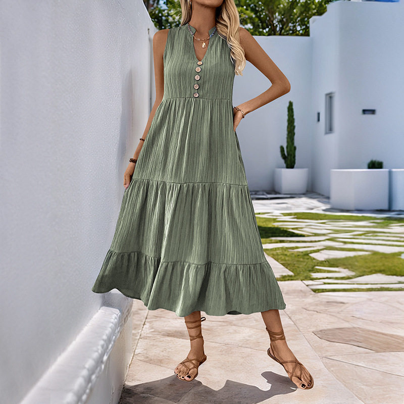 Summer Casual Midi Dress Button Detail Solid Color V Neck Sleeveless Perfect for Everyday Wear Wholesale Available
