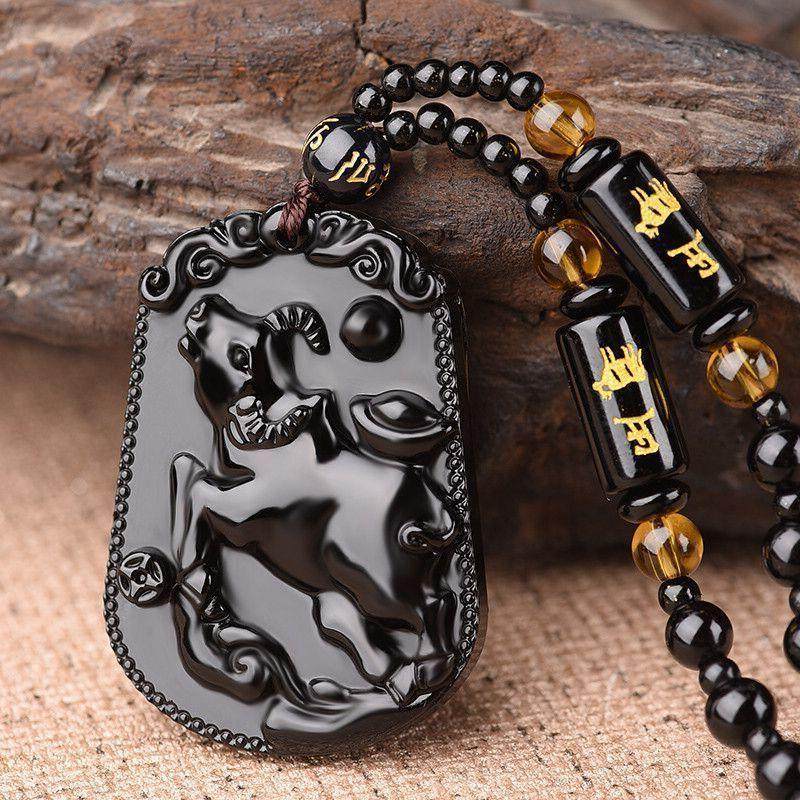 Black Glass High-End Zodiac Pendant Imitation Obsidian Men's Fashion Necklace Gift Jewelry Wholesale Necklace