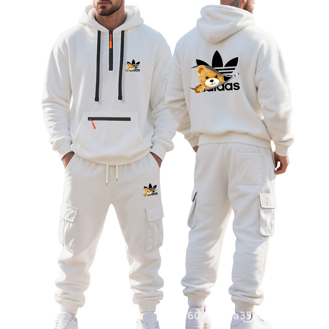 跨境热销秋冬季印花潮流运动休闲男装连帽加绒宽松多口袋工装套装