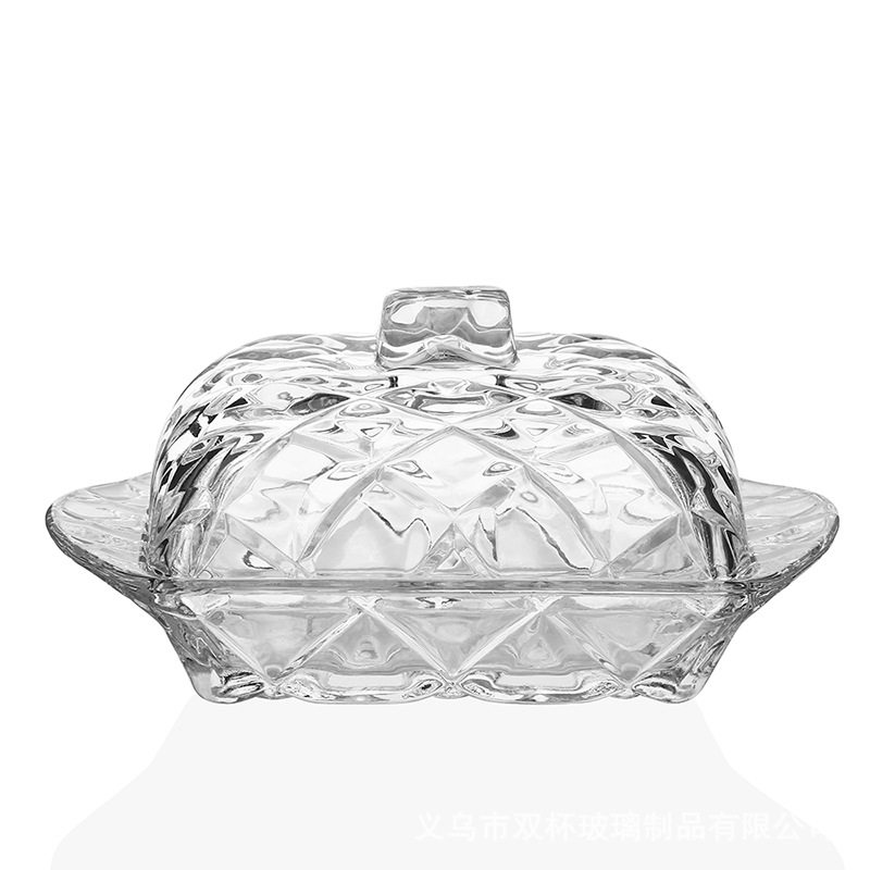 Nordic ins Embossed Glass Butter Plate Rectangular Butter Box Dustproof Cheese Dessert Tray with Lid Cake Plate